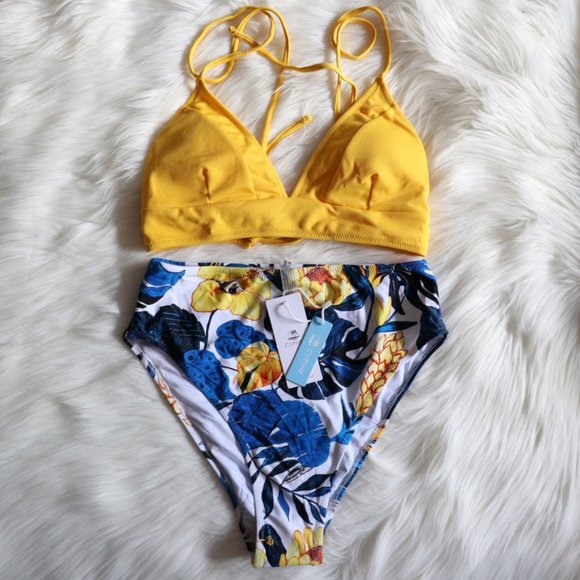 Yellow Blue Leaf High Waisted Bikini Set Sz M - Picture 2 of 7